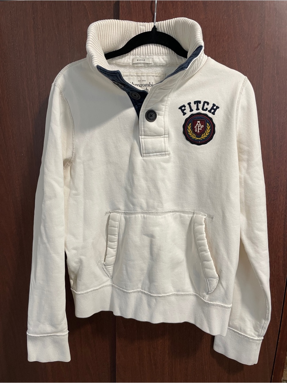 Vintage Abercrombie & Fitch Cream Pullover with Navy Trim and Embroidered Crest
